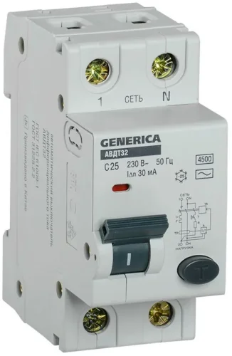Выключатель автоматический дифференциального тока C25 30мА АВДТ 32 GENERICA MAD25-5-025-C-30 - фото