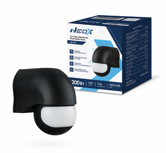 Датчик движения инфракрасный ДД 10Ч 1200Вт 180 гр. 12м IP44 черный NEOX - Фото