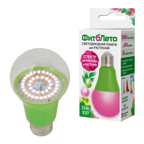 LED-A60-15W/SPSB/E27/CL PLP30GR Лампа светодиодная для растений. Форма "A", прозрачная. Спектр для рассады и цветения. Картон. ТМ ФитоЛето - фото