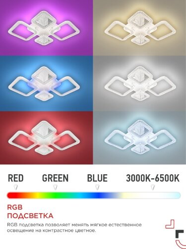 Светильник светодиодный ELEGANT SPACE-120RGB-WH-BG 120Вт 230В 3000-6500K 8400Лм 530х530х125мм пульт ДУ белый IN HOME - Фото 4