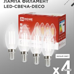 Лампа светодиодная LED-СВЕЧА-deco 4PACK 9Вт 230В Е14 4000К 1040Лм (4шт./упак) прозрачная IN HOME