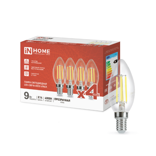 Лампа светодиодная LED-СВЕЧА-deco 4PACK 9Вт 230В Е14 4000К 1040Лм (4шт./упак) прозрачная IN HOME - Фото 2