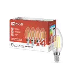 Лампа светодиодная LED-СВЕЧА-deco 4PACK 9Вт 230В Е14 4000К 1040Лм (4шт./упак) прозрачная IN HOME