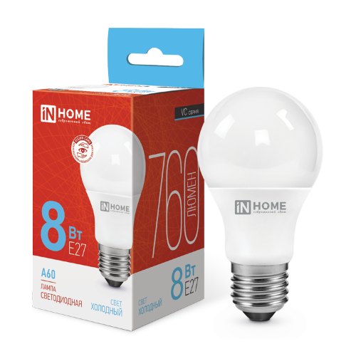Лампа светодиодная LED-A60-VC 8Вт 230В Е27 6500К 760Лм IN HOME - Фото
