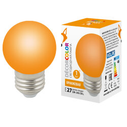LED-G45-1W-ORANGE-E27-FR-С Лампа декоративная светодиодная, Форма шар, матовая, Цвет оранжевый, Картон.