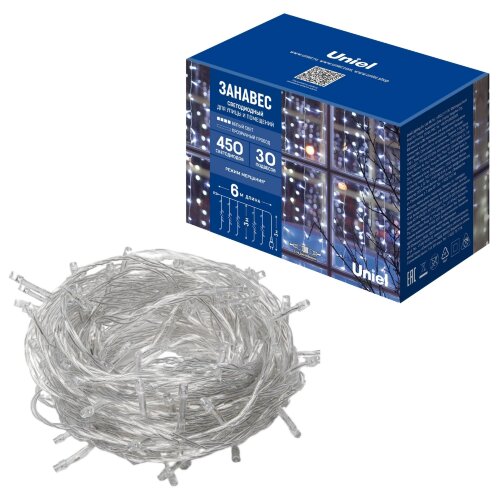 ULD-C6030-450-TTK WHITE IP44 Занавес светодиодный с эффектом мерцания, 6х3м, Соединяемый, 450 светодиодов, Белый свет, Провод прозрачный, TM Uniel - фото 8