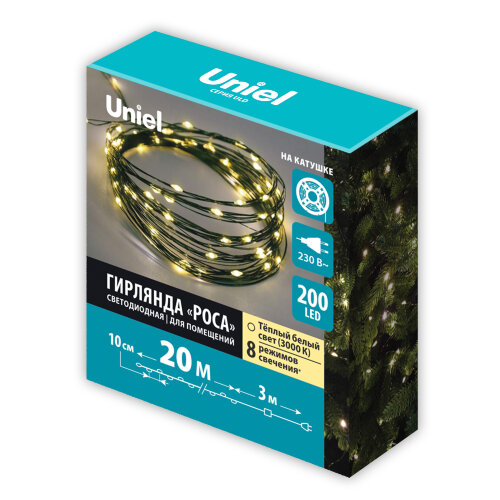ULD-S2000-200-DGA WW IP20 DEW Гирлянда светодиодная Роса, 20м, 200 светодиодов, Теплый белый свет, Провод зеленый - фото 8
