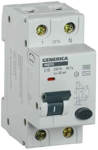 Выключатель автоматический дифференциального тока C10 30мА АВДТ 32 GENERICA MAD25-5-010-C-30 - фото