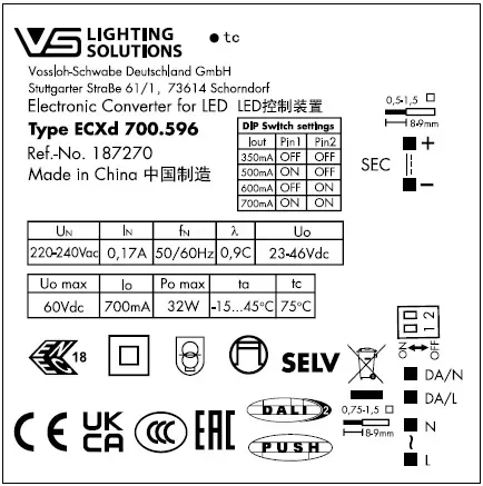 VS 16-32W DALI2/DIP 350-700мА 23-46V ECXd 700.596 DIP-переключатель 114x67x31мм - Драйвер для светодиодов Vossloh-Schwabe. Фото 3