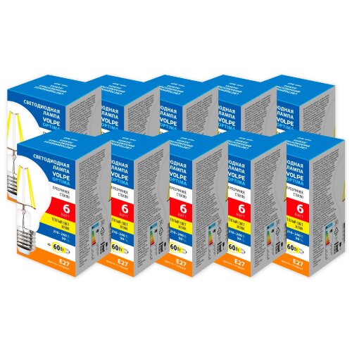 LED-A60-6W-3000K-E27-CL-SLF SET10 Лампа светодиодная, Форма А, прозрачная, Серия Optima Филамент, Теплый белый свет 3000K, Упаковка 10 штук - фото 1
