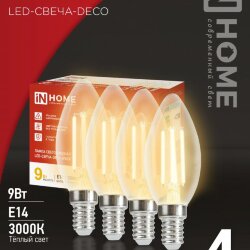 Лампа светодиодная LED-СВЕЧА-deco 4PACK 9Вт 230В Е14 3000К 1040Лм (4шт./упак) прозрачная IN HOME