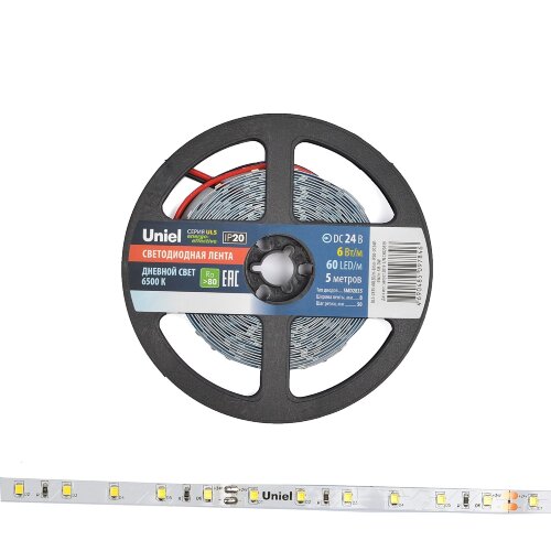ULS-2835-60LED-m-8mm-IP20-DC24V-6W-m-5M-W Гибкая светодиодная лента на самоклеящейся основе, Катушка 5 м, в герметичной упаковке, Белый свет 4000K. - фото 3