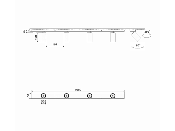 'Крепление сменное М14 для светильников MINI VILLY, поворотное накладное четверное, цвет Черный, MINI-VL-M14-BL. Фото 2