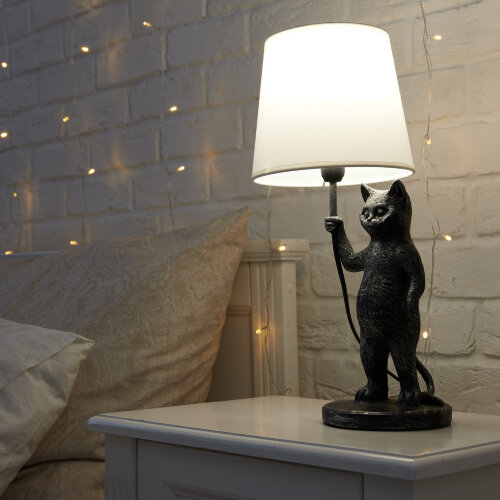 UML-B465 E14 SILVER Светильник настольный декоративный Кот, под лампу Е14, 40W, Механический выключатель, Серебристый - фото 12