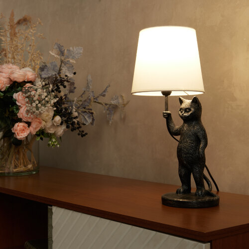 UML-B465 E14 SILVER Светильник настольный декоративный Кот, под лампу Е14, 40W, Механический выключатель, Серебристый - фото 14