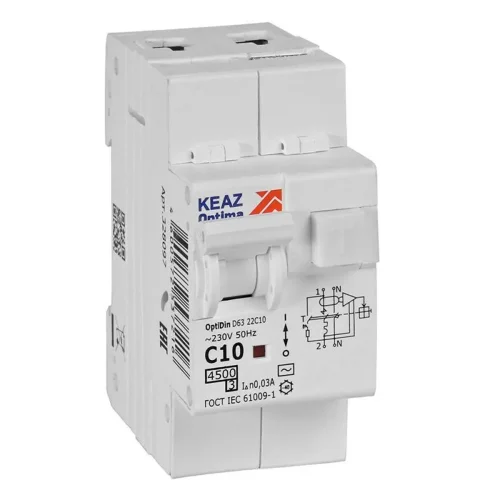 Выключатель автоматический дифференциального тока 2п с защитой от сверхтоков OptiDin D63-22C10-AC-У3 C10 30мА 4.5кА КЭАЗ 328097 - фото