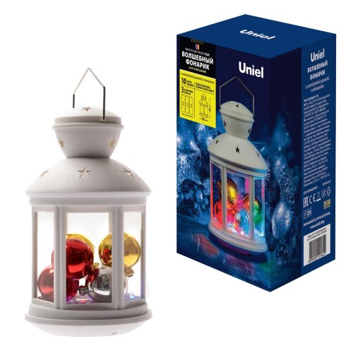 ULD-L1220-010/DTB/RGB WHITE Фонарь со светодиодной гирляндой внутри, на батарейке (не в/к) 10 светодиодов. RGB свет. Режим мигания. Белый корпус. - фото