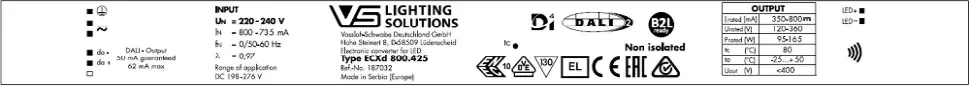 VS 165W DALI2/NFC 350-800мА 120-360V DALI2/D4i/B2L ECXd 800.425 359x30x21мм - драйвер для светодиодов Vossloh-Schwabe. Фото 2