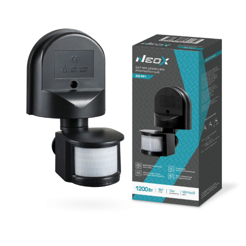 Датчик движения инфракрасный ДД 08Ч 1200Вт 180 гр.12м IP44 черный NEOX - Фото