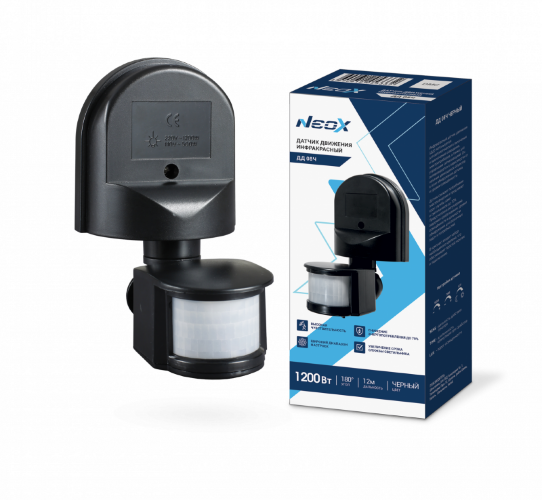 Датчик движения инфракрасный ДД 08Ч 1200Вт 180 гр.12м IP44 черный NEOX - Фото