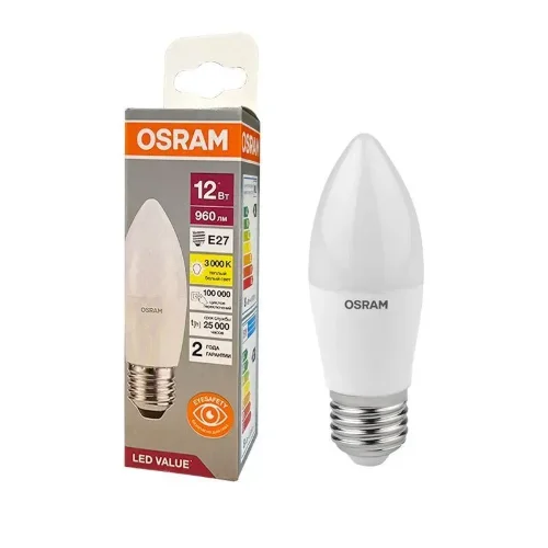 Лампа светодиодная LV 12SW/3000K (=100W) E27 | LED Value 2Y | Свеча | - OSRAM. Фото 2