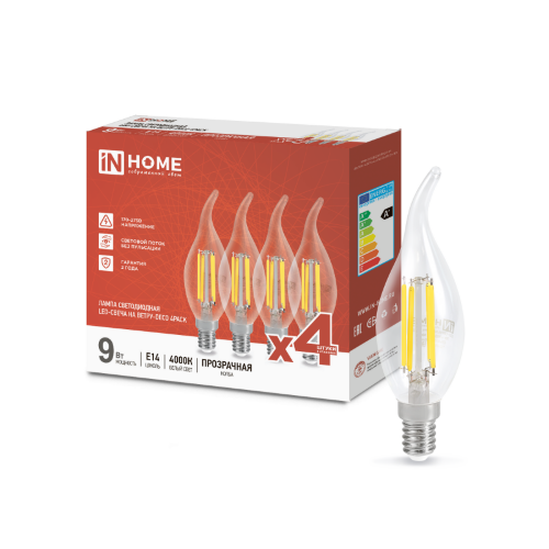 Лампа светодиодная LED-СВЕЧА НА ВЕТРУ-deco 4PACK 9Вт 230В Е14 4000К 1040Лм (4шт./упак) прозрачная IN HOME - Фото