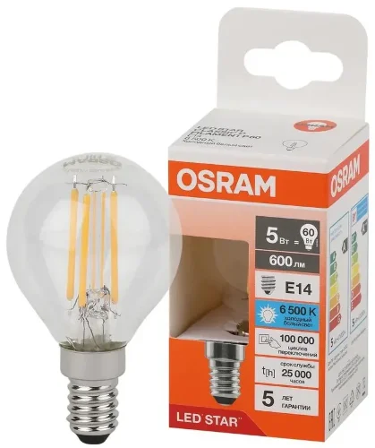 Лампа светодиодная филаментная 5W/6500K (=60W) E14 | Шарик | LED Star 5Y FILAMENT | - OSRAM. Фото 2
