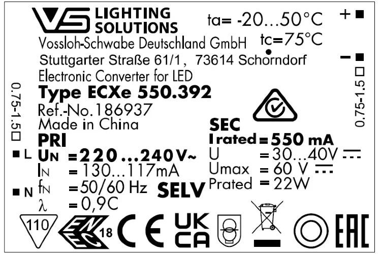 VS 22W 550мА 30-40V 97x43x25мм - Драйвер для светодиодов Vossloh-Schwabe ECXe 550.392. Фото 2