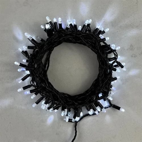 Гирлянда Нить с Колпачком 10м Белая с Мерцанием Белого Диода 24В, 100 LED, Провод Черный ПВХ, IP65. Фото 1.