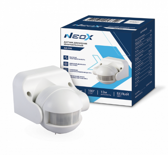 Датчик движения инфракрасный ДД 09Б 1200Вт 180 гр.12м IP44 белый NEOX - Фото