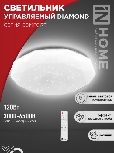 Светильник светодиодный COMFORT DIAMOND 120Вт 230В 3000-6500K 9600Лм 500x90мм с пультом ДУ IN HOME - Фото