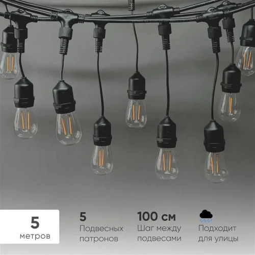 Белт-Лайт UNIBELT 5м, Провод Черный Каучук, Шаг 100 см, 5 Подвесных Патронов, IP65. Фото 1.