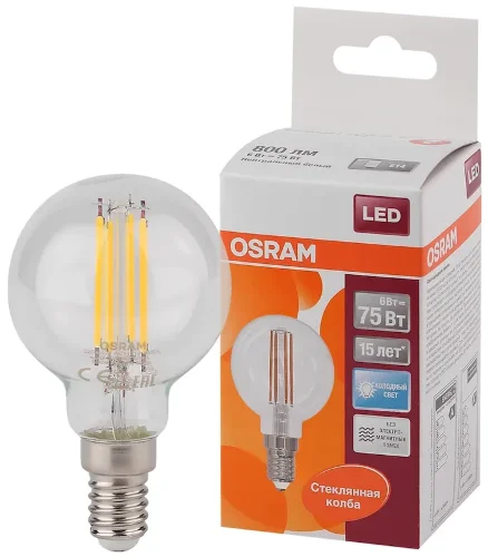 Лампа светодиодная филаментная 6W 4000K (=75W) E14 | Шарик | LED Star 2Y FILAMENT | - OSRAM. Фото 2
