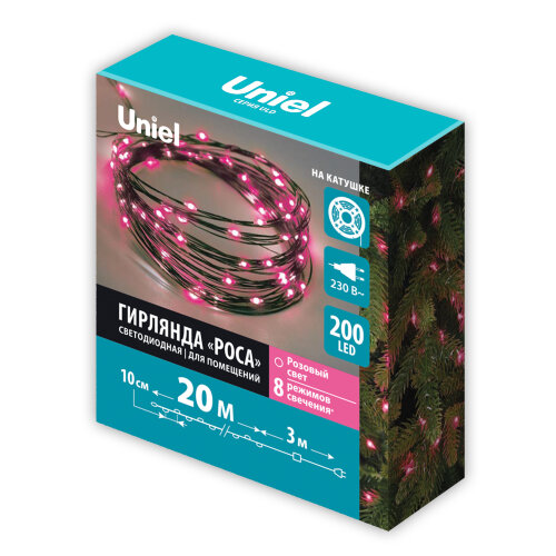 ULD-S2000-200-DGA PK IP20 DEW Гирлянда светодиодная Роса, 20м, 200 светодиодов, Розовый свет, Провод зеленый - фото 8