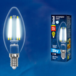 LED-C35-13W-4000K-E14-CL PLS02WH Лампа светодиодная, Форма свеча, прозрачная, Серия Sky, Белый свет 4000К.
