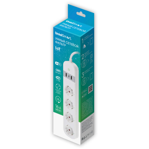 P-GCL4-1.8 A201-UC-WF WHITE Умный сетевой фильтр Wi-Fi, 1.8м Пвс 3х1.5, 4 гнезда, с-з, 2USB+Type-C 5В, 3A, 16A, До 3680Вт, Голосовое управление+приложение UnielSmart, TM Uniel - фото 7