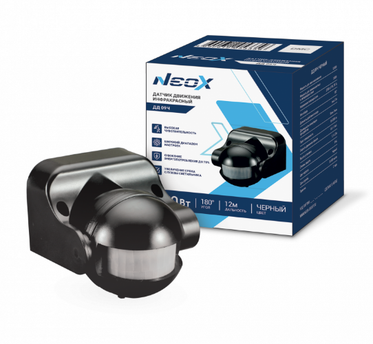 Датчик движения инфракрасный ДД 09Ч 1200Вт 180 гр.12м IP44 черный NEOX - Фото