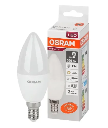 Лампа светодиодная LV 7SW/3000K (=60W) E14 | LED Value 2Y | Свеча | - OSRAM. Фото 2