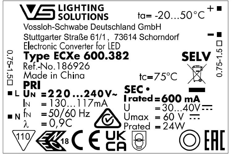 VS 24W 600mA 30-40V 97x43x25мм - Драйвер для светодиодов Vossloh-Schwabe ECXe 600.382. Фото 2