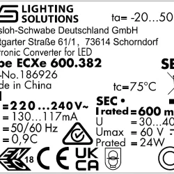 VS 24W 600mA 30-40V 97x43x25мм - Драйвер для светодиодов Vossloh-Schwabe ECXe 600.382