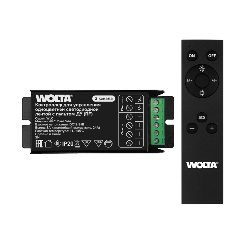 Контроллер 3-канальный WOLTA WLС-C/04-24A 12-24В для одноцветной светодиодной ленты 12-24В, 24А с пультом RF - фото 1.