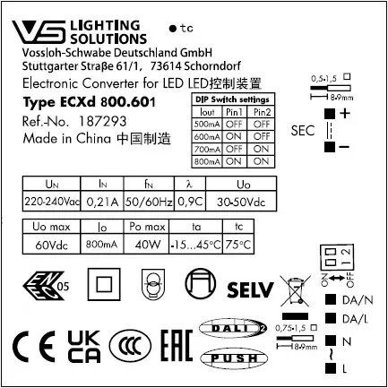 VS 25-40W DALI2/DIP 500-800мА 30-50V ECXd 800.601 DIP-переключатель 114x67x31мм - Драйвер для светодиодов Vossloh-Schwabe. Фото 2