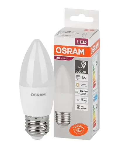 Лампа светодиодная LV 7SW/3000K (=60W) E27 | LED Value 2Y | Свеча | - OSRAM. Фото 2
