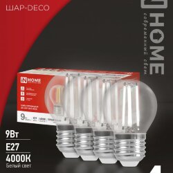 Лампа светодиодная LED-ШАР-deco 4PACK 9Вт 230В Е27 4000К 1040Лм (4шт./упак) прозрачная IN HOME