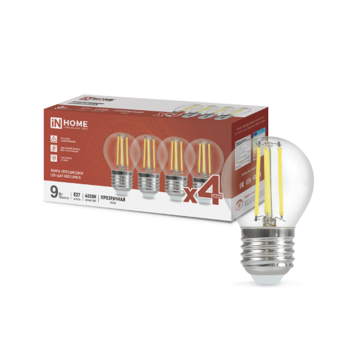 Лампа светодиодная LED-ШАР-deco 4PACK 9Вт 230В Е27 4000К 1040Лм (4шт./упак) прозрачная IN HOME - Фото