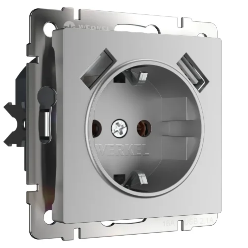 W1171506/ Розетка с заземлением, шторками и USBх2 (серебряный) W1171506 - фото