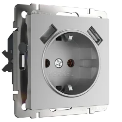 W1171506/ Розетка с заземлением, шторками и USBх2 (серебряный) W1171506