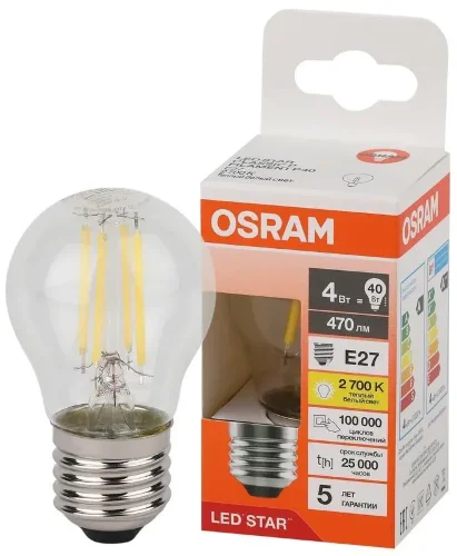 Лампа светодиодная филаментная 6W/6500K (=75W) E27 | Шарик | LED Star 5Y FILAMENT | - OSRAM. Фото