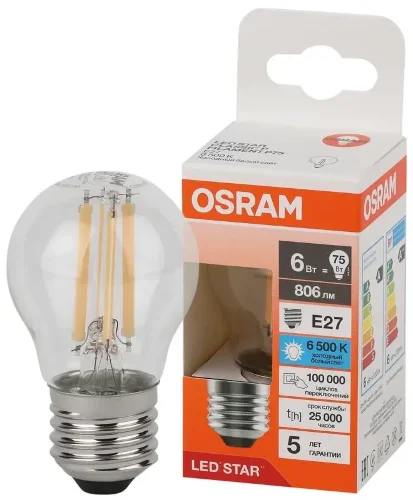 Лампа светодиодная филаментная 6W/6500K (=75W) E27 | Шарик | LED Star 5Y FILAMENT | - OSRAM. Фото 2