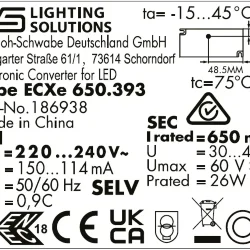 VS 26W 650мА 30-40V 97x43x25мм - Драйвер для светодиодов Vossloh-Schwabe ECXe 650.393